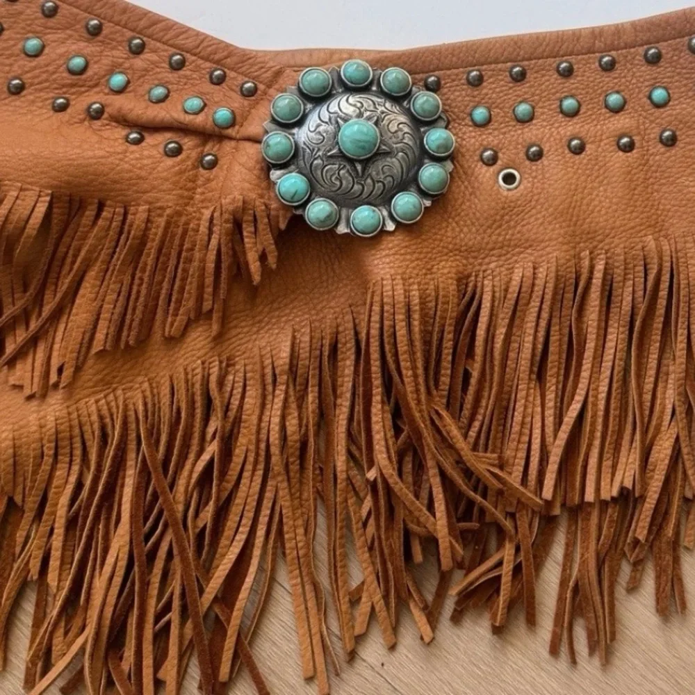 Tan Fringe Leather Waist Belt with Turquoise Accent